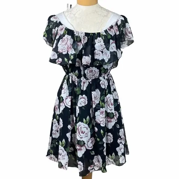 Lucy Paris Off the Shoulder Floral Dress Black L - Picture 1 of 10